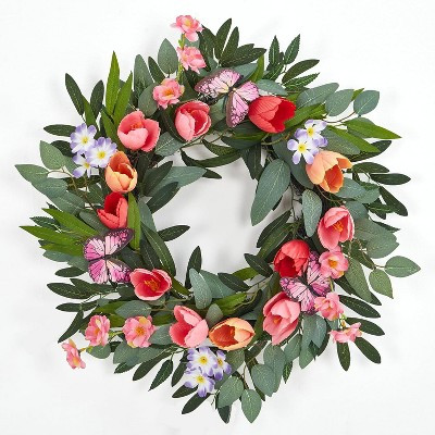 20 In Artificial Spring Wreaths for Front Door, Tulip Wreath with Colorful Blooms,Butterflies for Summer Indoor Outdoor Wedding Decor | Target