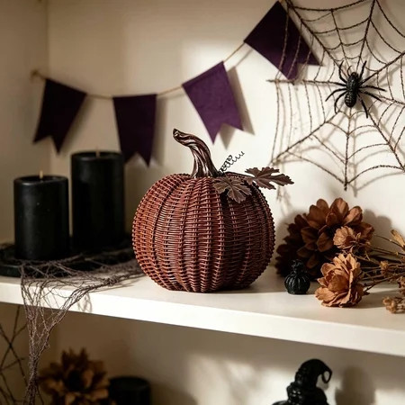 Yardvibe Resin Woven Rattan Pumpkin Decor, 7.87"x7.48" Halloween Vintage Brown Tabletop Pumpkin with Metal Leaves, Fall Halloween Thanksgiving Harvest Home Ornament | Walmart (US)