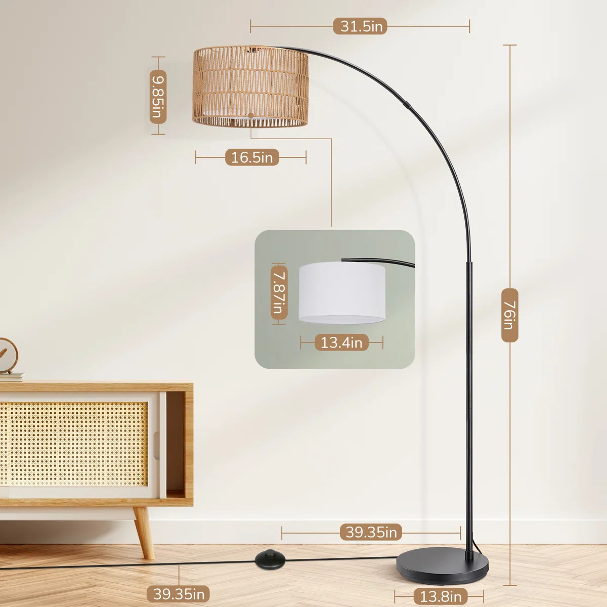 76'' Rattan Arched Dimmable Floor Lamp With Remote Control And Bulb Included | Wayfair North America