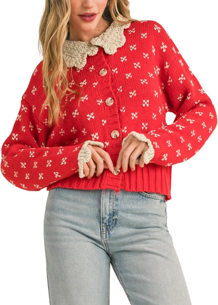 Esmeling Women's Y2K Ruffle Collar Cardigan Sweater Cute Long Sleeve Button Down Floral Knitwear ... | Amazon (US)