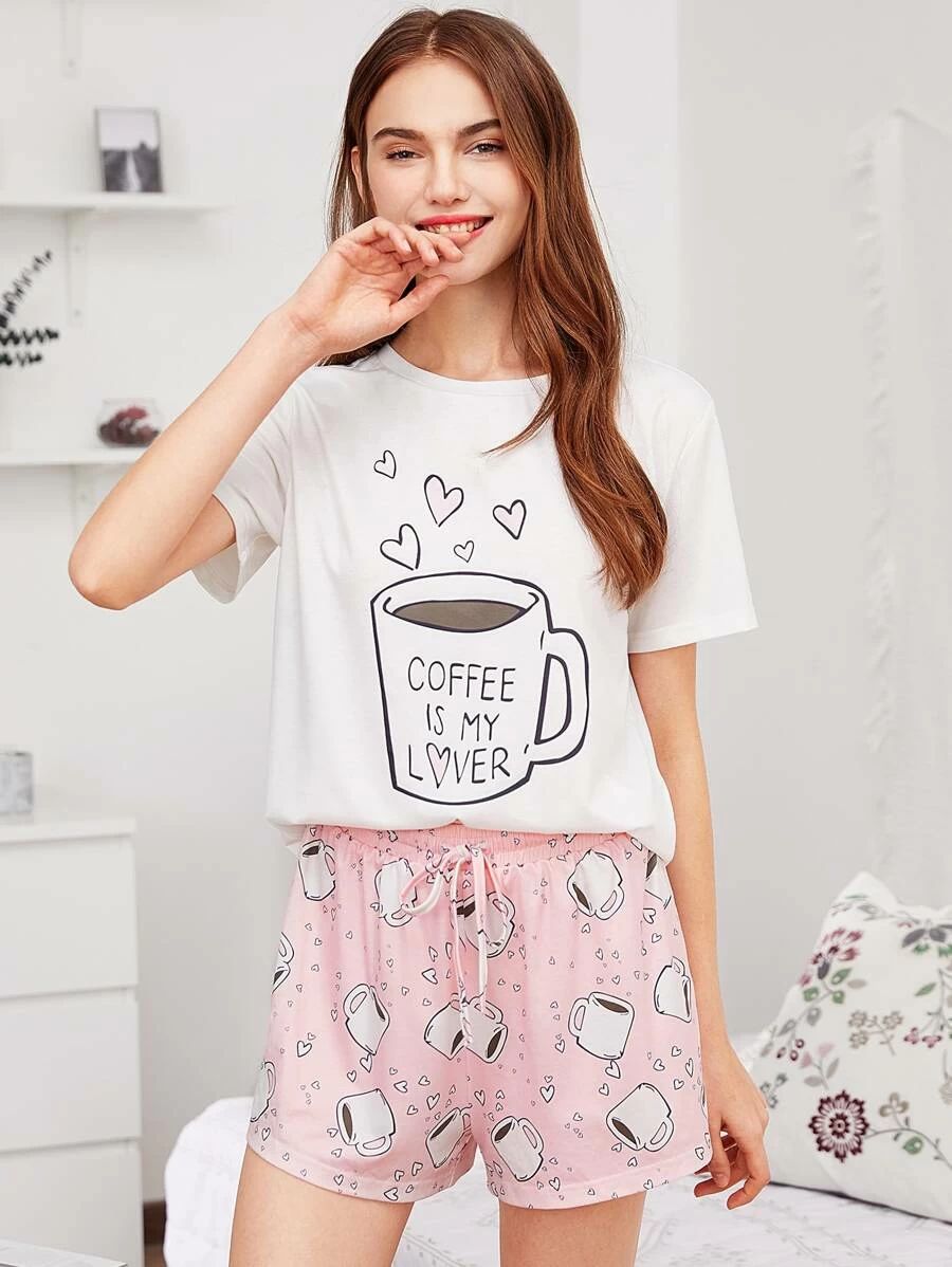 Cups Print Top With Drawstring Waist Shorts Pajama Set | SHEIN