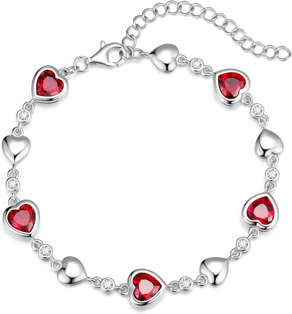 Carleen Birthstone Bracelets for Women 925 Sterling Silver Five Heart Station Created Gemstone Te... | Amazon (US)