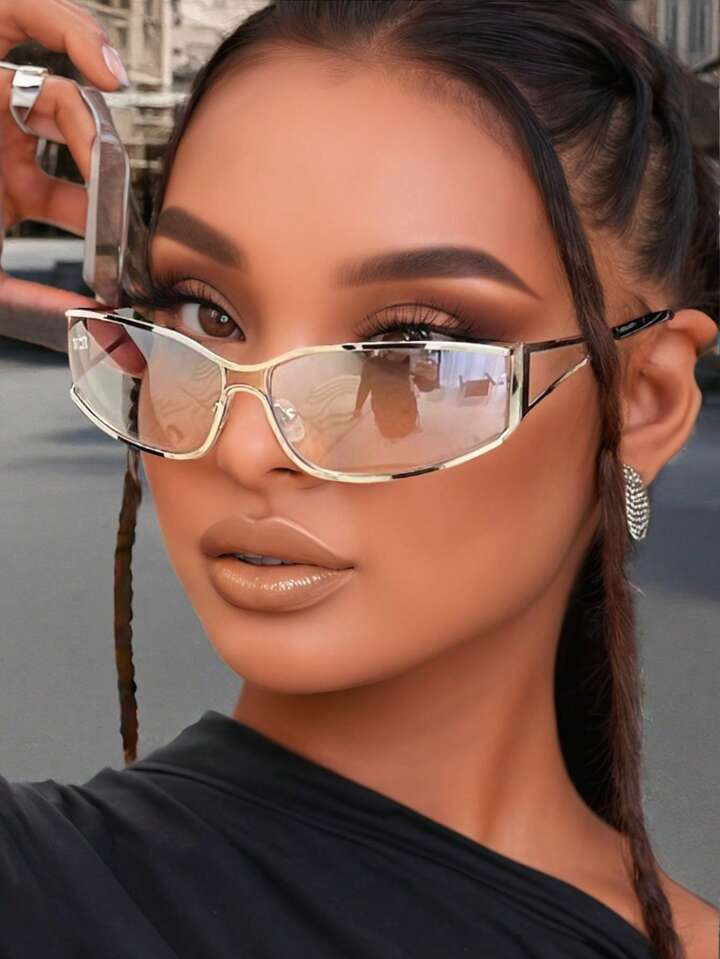 POLASUP 1pc Wraparound Hollow Metal Frame Vintage Sunglasses, Female Fashion Decorative Eyewear With Ventilated Temples Suitable For All Seasons | SHEIN