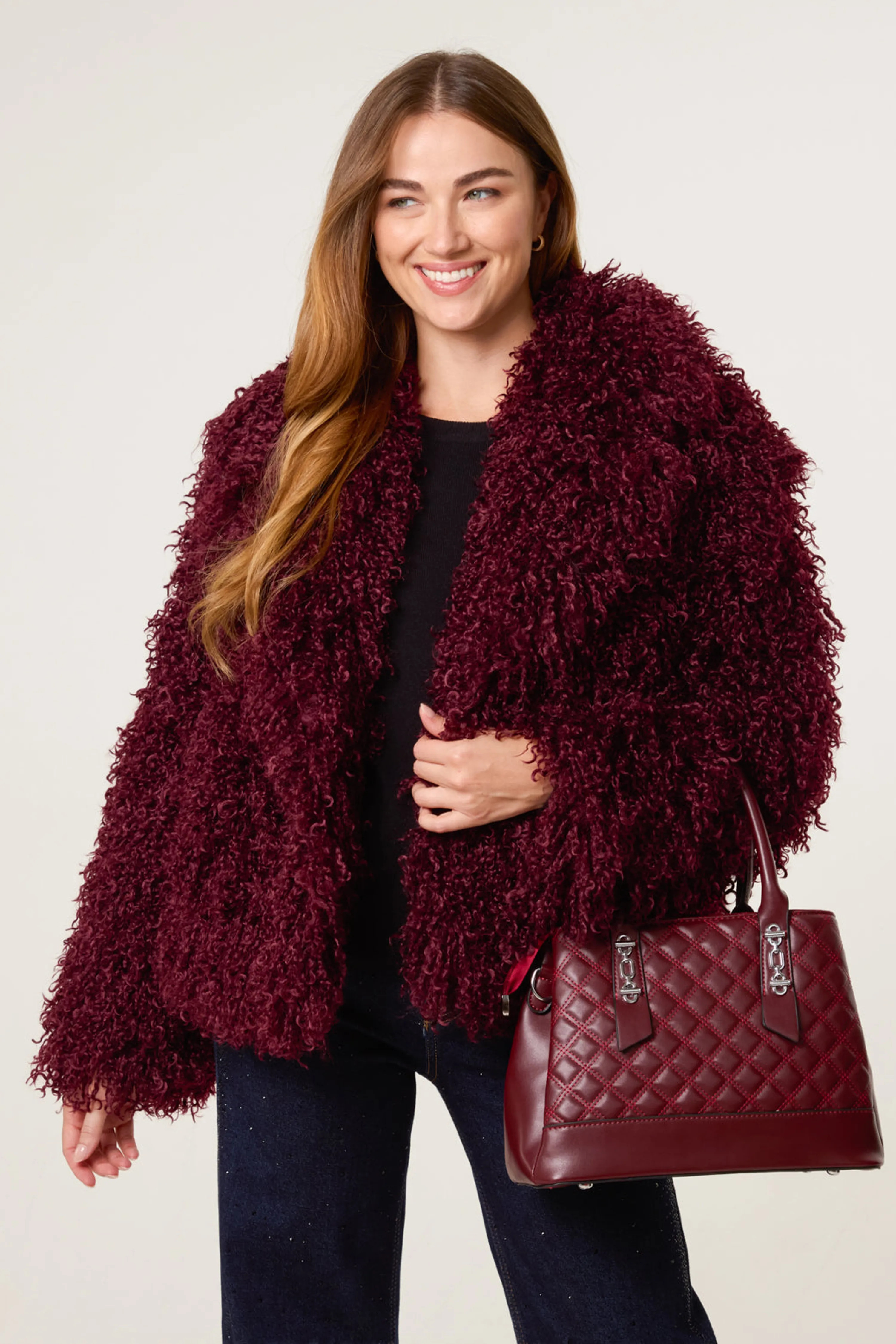 Jackets & Coats | Red Shaggy Textured Fur Coat | Blue Vanilla | Oasis UK & IE