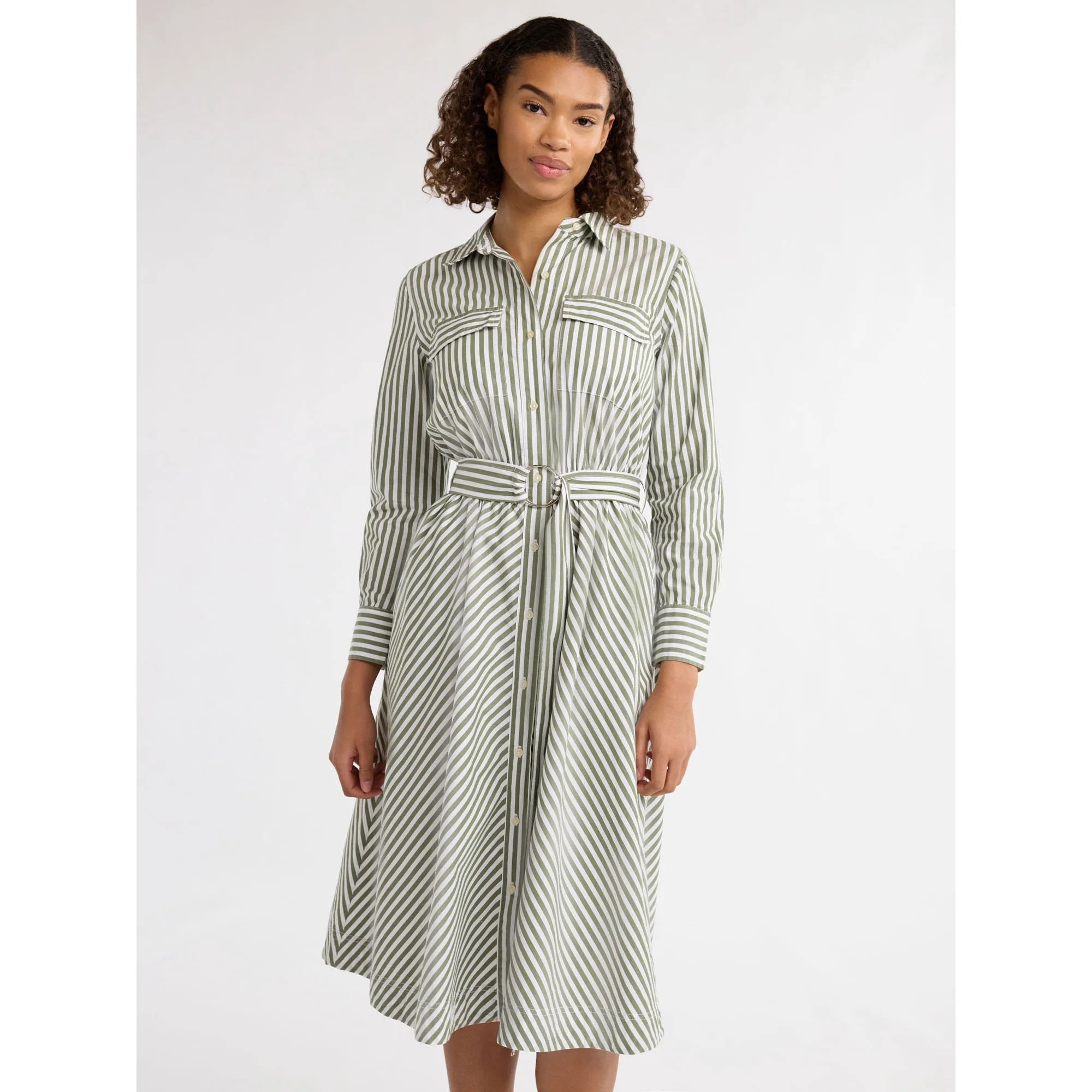 Free Assembly Women's Belted Cotton Midi Shirtdress with Long Sleeves, Sizes XS-XXXL | Walmart (US)