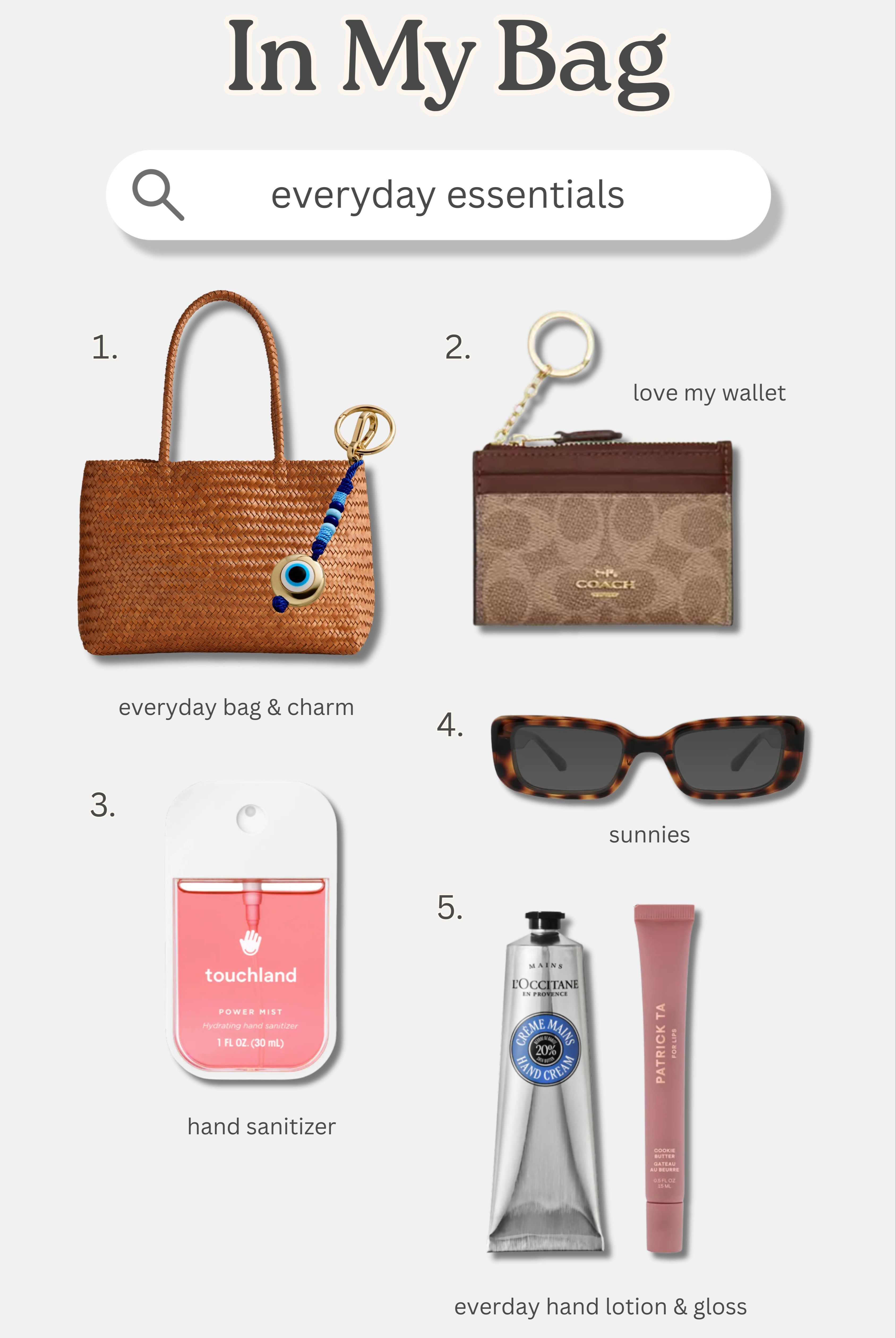 [7/20/26] what i'm using in my bag 🤍 everyday essentials from my woven tote, wallet, sunglasses & on-the-go beauty essentials.

#LTKgrwm #LTKootd #LTKBeauty