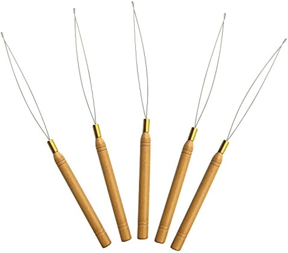 5 Wooden Hair Extensions Loop Needle Threader Wire Pulling Hook Tool for silicone microlink beads... | Amazon (US)