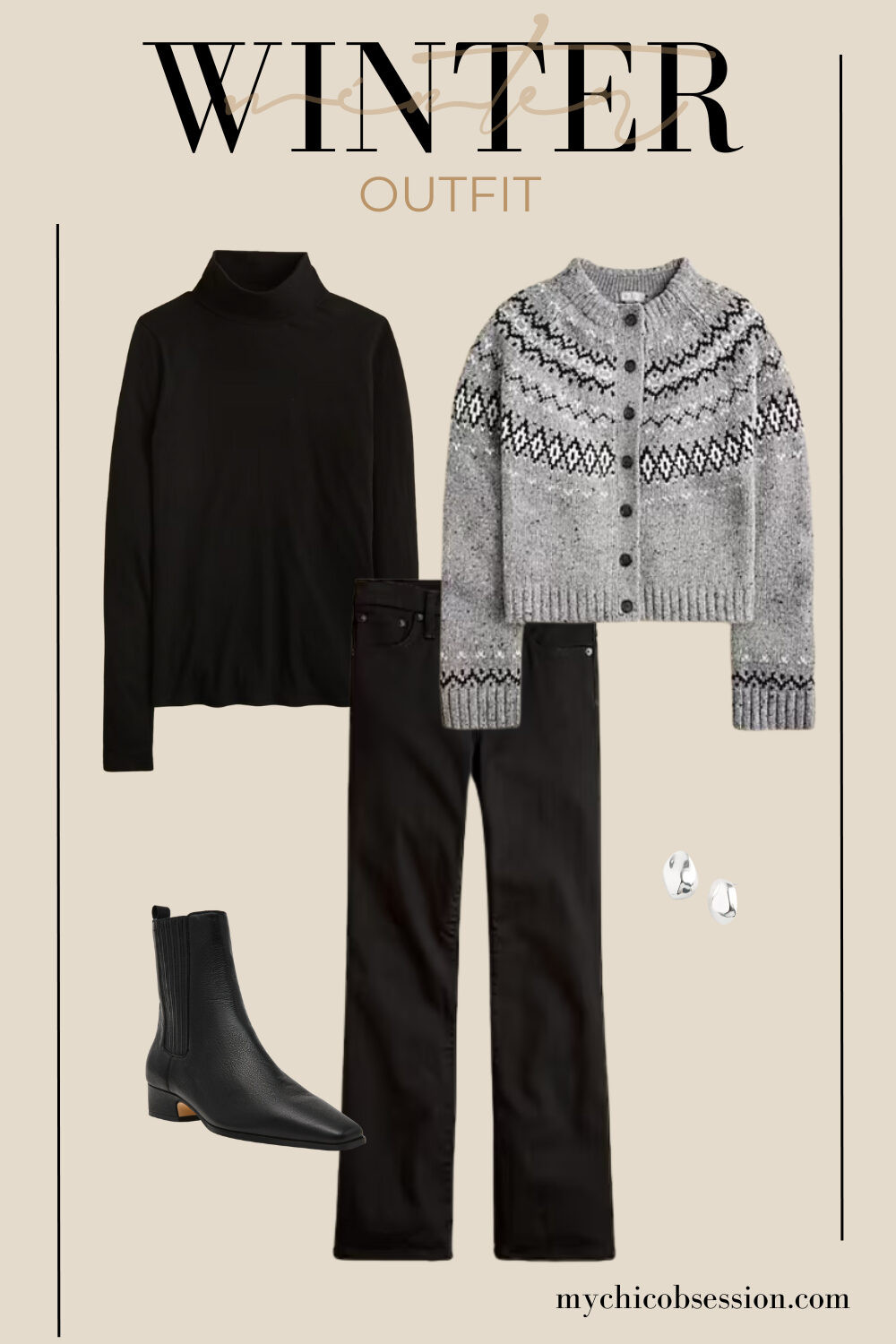 Style a winter outfit to attend a casual Christmas party! Pair a Fair Isle cardigan with a black turtleneck, dark-wash or black jeans, ankle boots and silver jewelry. 

 #LTKHoliday #LTKSeasonal