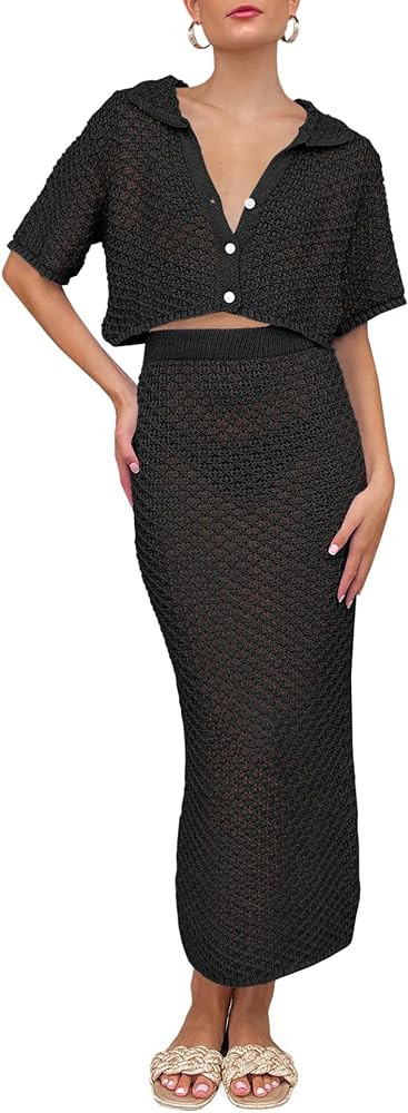 Saodimallsu Women Crochet Beach Cover Up Set Knit Crop Button Short Sleeve Collar Top Bodycon Lon... | Amazon (US)
