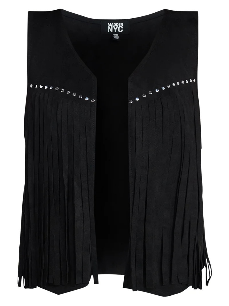 Madden NYC Women's Black Faux Suede Fringe Studded Vest, Sizes S-XL | Walmart (US)