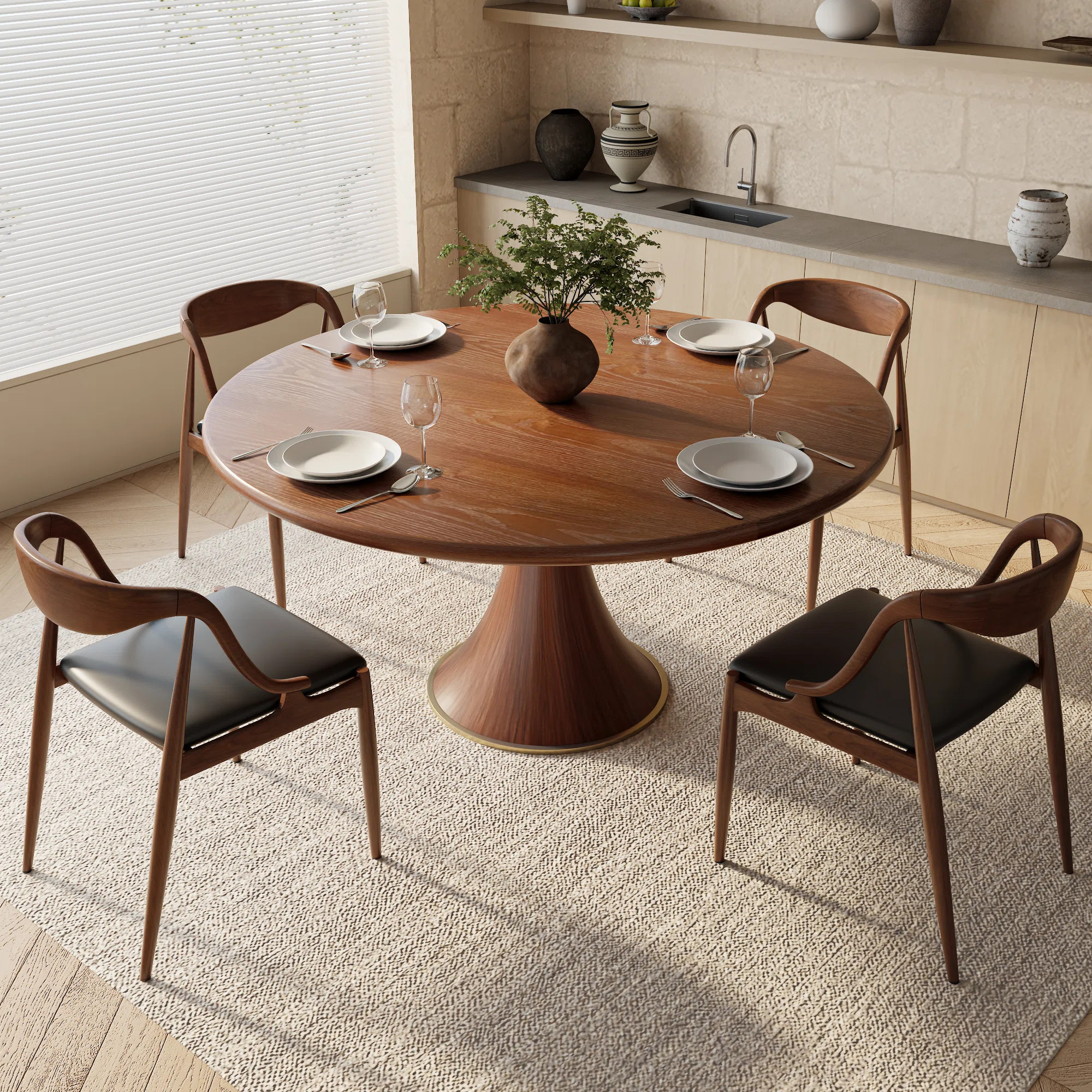 Round Mid-Century Farmhouse Solid Wood Dining Table | Wayfair North America