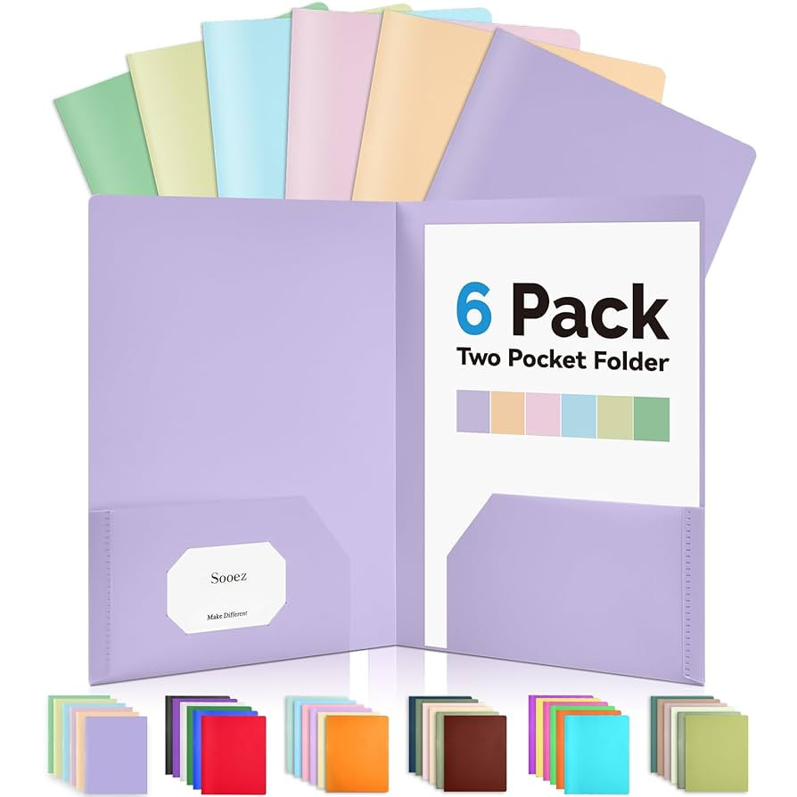 Sooez 6Pack Folders with Pockets, Pastel Colors, Heavy Duty Pocket Folders, Plastic Folders with ... | Amazon (US)