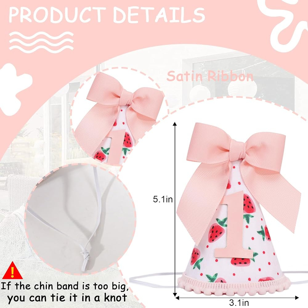 Strawberry Bow 1st Birthday Hat - Strawberry Shortcake Decorations, Berry 1st Birthday Cake Smash... | Amazon (US)