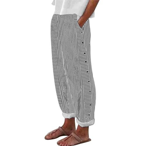 Striped Linen Pants for Women Cotton Casual Summer 2025 Wide Leg Drawstring Elastic High Waist Lightweight Plus Size Loose Fit Straight Lounge Trousers Petite Capris for Seniors with Pockets Black 3XL | Amazon (US)