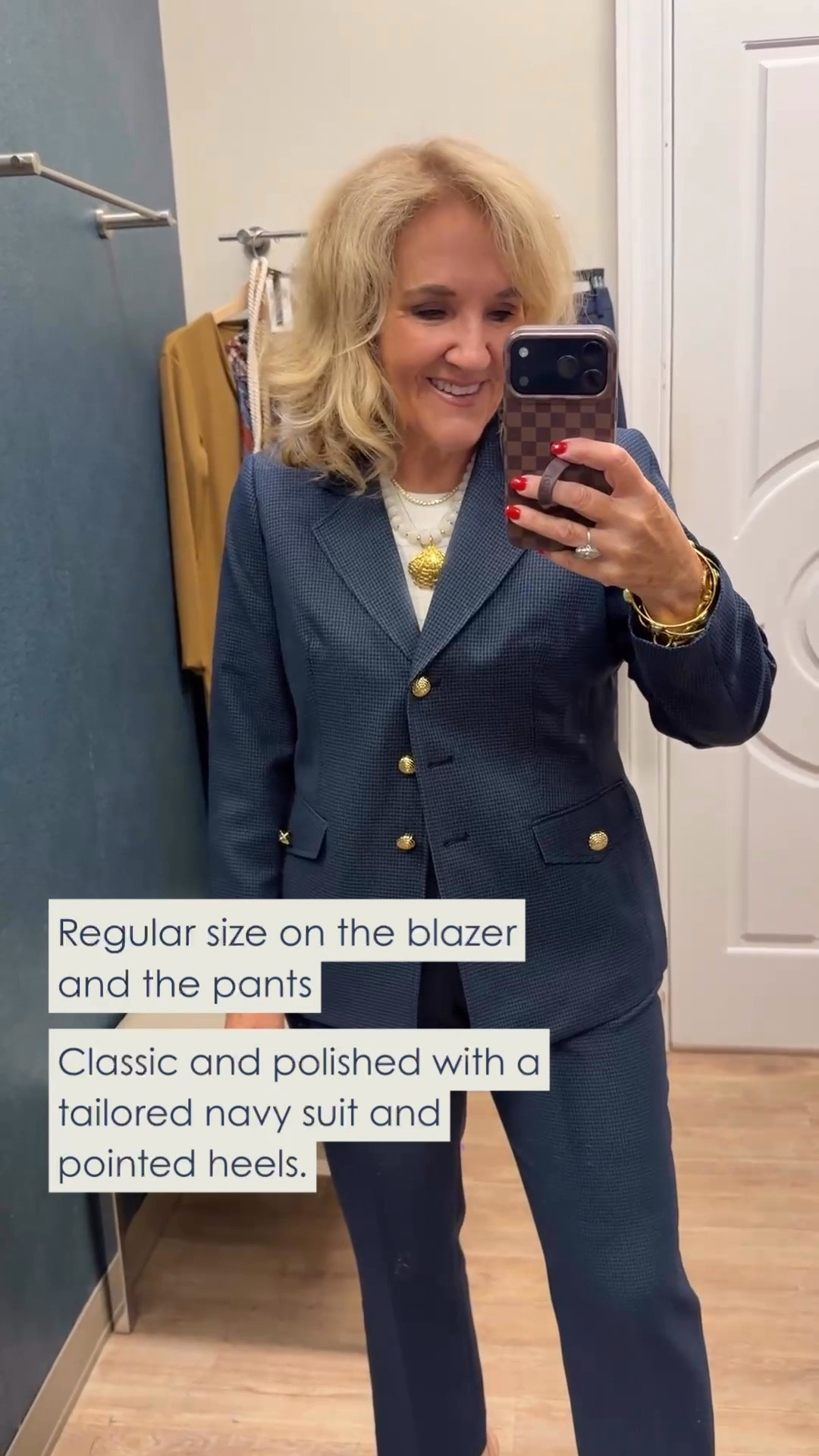 A tailored navy suit is a classic way to look polished and pulled together. I love the gold buttons and pointed heels for a timeless look that works for the office, meetings, or a dressier occasion. Wearing my regular size in the blazer and pants.

💡 LTK MADE EASY
❤️ Heart = Support my posts!
🔖 Save = Get sale & restock alerts
📋 Lists = Keep favorites organized
📲 Share = Send lists and products to a friend. Hello, Christmas List!
💬 Comment = Ask me anything about what I'm wearing.:-)

#LTKootd #LTKWorkwear #LTKOver40