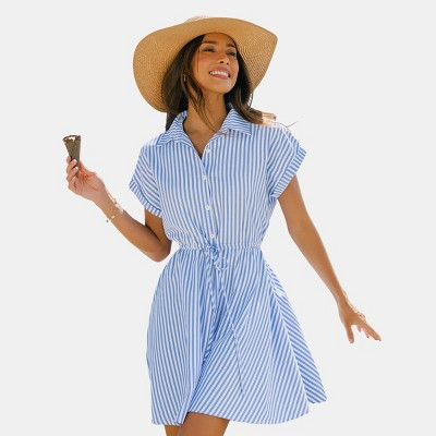 Cupshe Women's Breezy Striped Shirt Dress for Casual Elegance-L-Blue | Target
