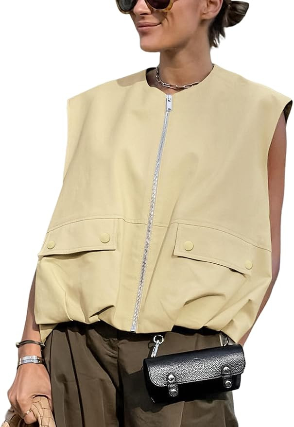 Yimoon Women’s Oversized Zip Up Cargo Vest Casual Ruched Hem Sleeveless Blazer Jackets Vest Top... | Amazon (US)