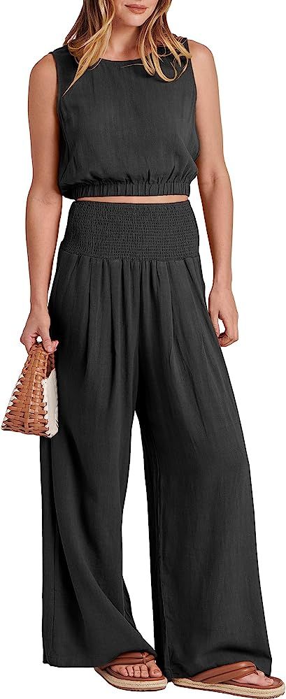ANRABESS Women's Summer 2 Piece Outfit Linen Sleeveless Crop Tank Top Wide Leg Pants Lounge Match... | Amazon (US)
