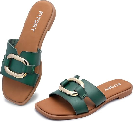 FITORY Women's Flat Sandals Fashion Square Open Toe Slides With Metal Chain Slippers for Summer S... | Amazon (US)