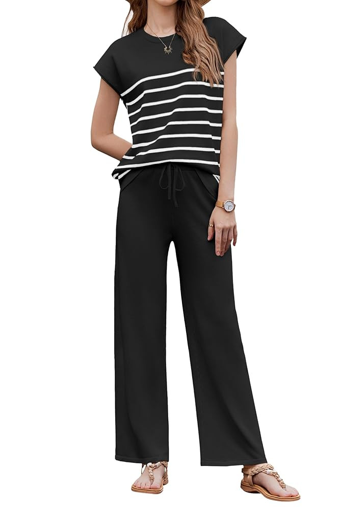 Ekouaer Striped Lounge Set 2 Piece Sweater Matching Outfits Travel Knit Clothing Sets for Women | Amazon (US)