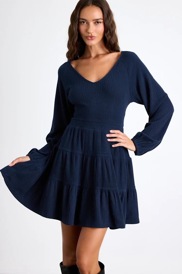 Adorable Option Dark Navy Long Sleeve Mini Sweater Dress | Lulus
