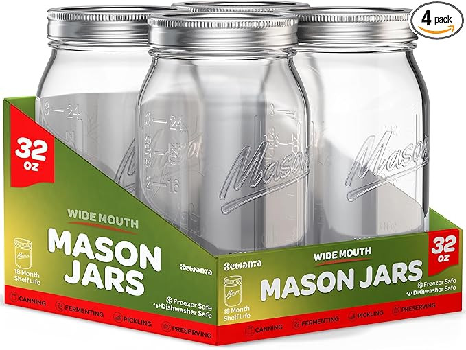 SEWANTA Wide Mouth Mason Jars 32 oz [4 Pack] With Mason Jar Lids and Bands, Mason Jars 32 oz - Fo... | Amazon (US)