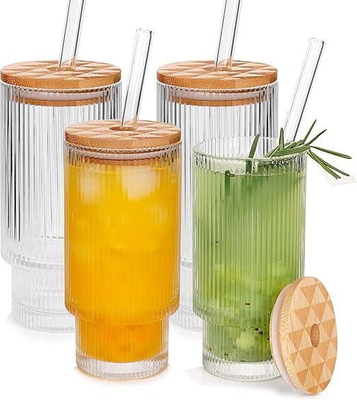 ANOTION Ribbed Glassware Set of 4, 14oz Ribbed Glass Cups with Lids and Straws, Ribbed Juice Glas... | Amazon (US)
