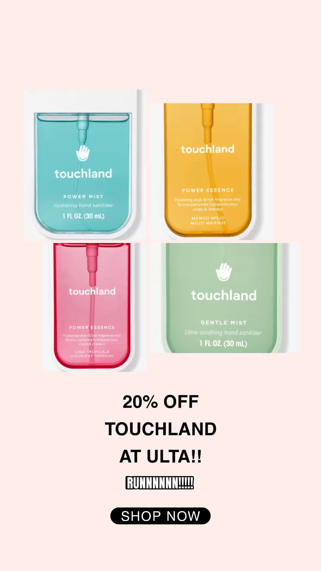 Running, not walking 🏃‍♀️💖 because Touchland is 20% OFF at Ulta Beauty right now!!

You already know I’m obsessed…so yes, I’m STOCKING UP 🙌✨ These are my go-to for smelling good, staying fresh, and fitting perfectly in every bag.

If you’ve been thinking about trying them—this is your sign 👀💅

#LTKBeauty #LTKselfcare #LTKSaleAlert