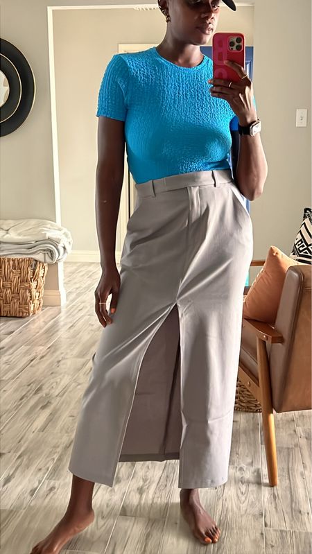 Textured Blue baby tee and light gray suiting maxi skirt with a front slit. Awesome for the office and every day errands  

#LTKstyletip #LTKworkwear #LTKunder100