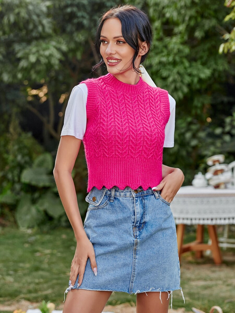 Scallop Hem Cable Knit Sweater Vest Without Tee | SHEIN