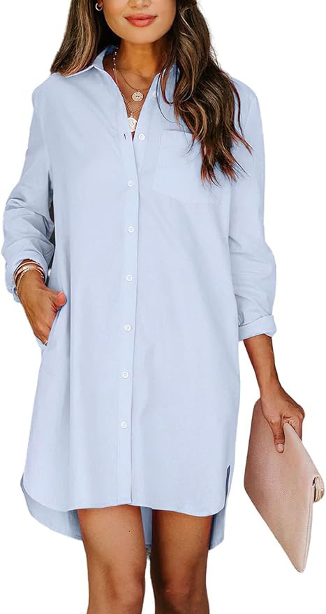 chouyatou Women's Casual Loose Fit Long Sleeve Solid Striped Button Down Shirts Dresses | Amazon (US)