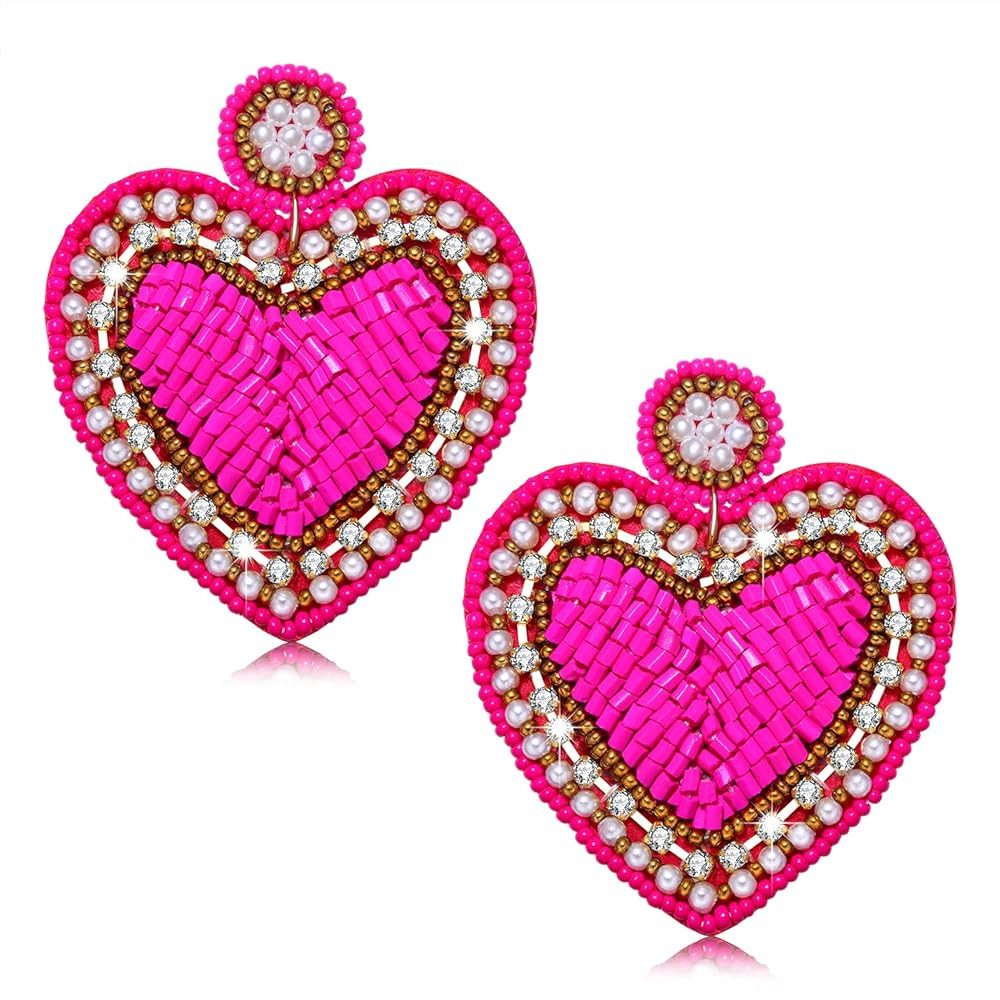 Bead Dangle Earrings for Women Girls Rhinestone Heart Drop Dangle Earrings Pearl Heart Earrings Hand | Amazon (US)