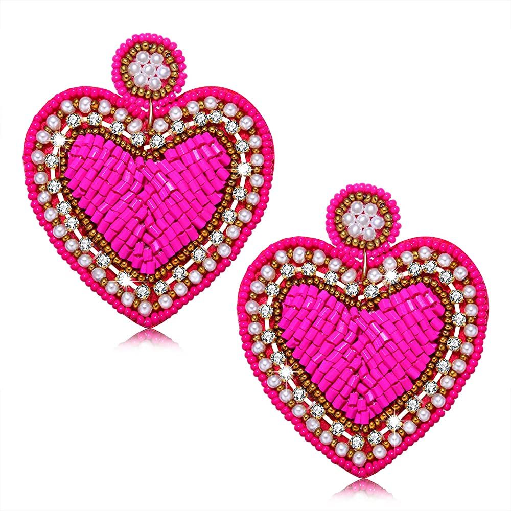 Bead Dangle Earrings for Women Girls Rhinestone Heart Drop Dangle Earrings Pearl Heart Earrings Hand | Amazon (US)