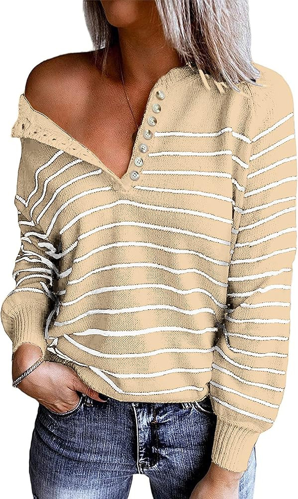 BTFBM Women's Sweaters Casual Long Sleeve Button Down Crew Neck Ruffle Knit Pullover Sweater Tops So | Amazon (US)