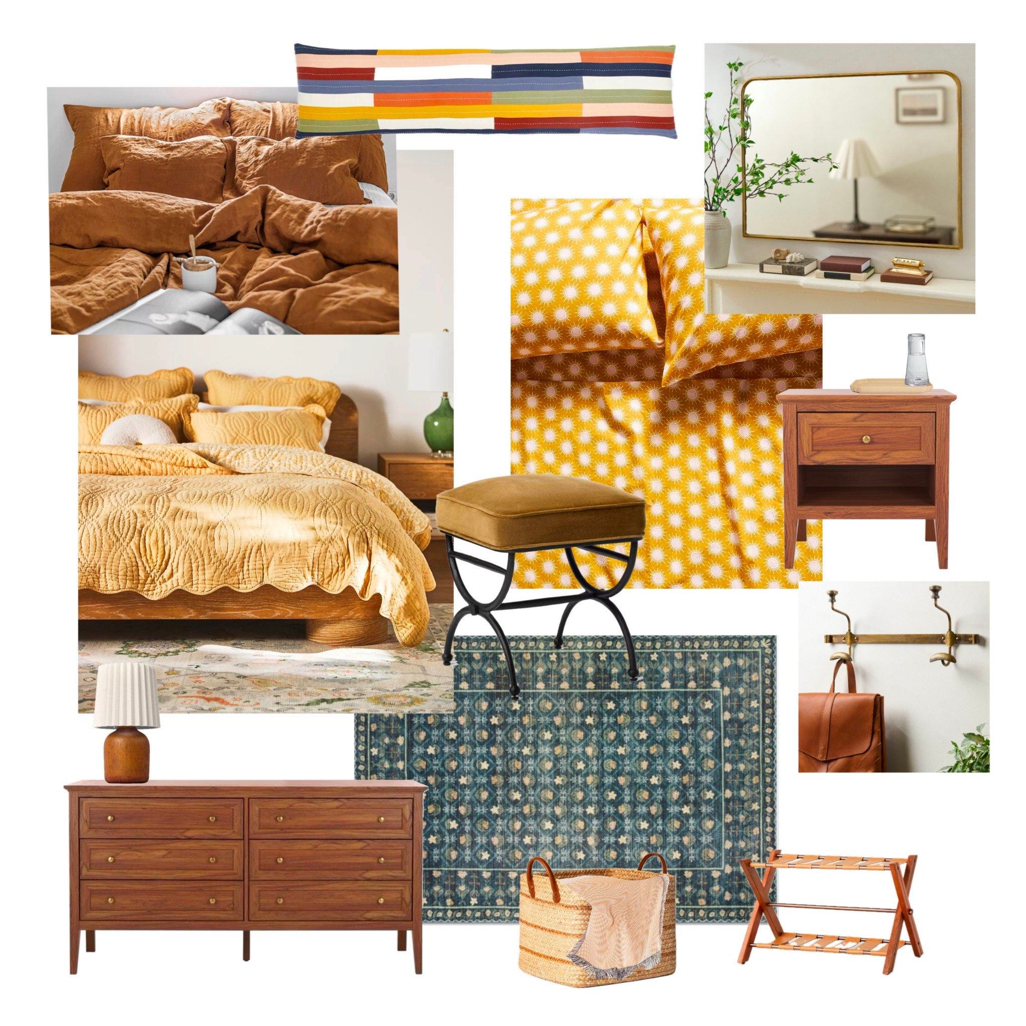 The guest/secondary bedroom has sunny yellow sheets and a rich ochre linen duvet. 2 sunny bed pillows, with 2 brown linen shams, and 3 extra yellow quilted throw pillows create a layered, enveloping bed. Add a wavy checkered throw blanket and a green rug for an inviting and uplifting bedroom. 