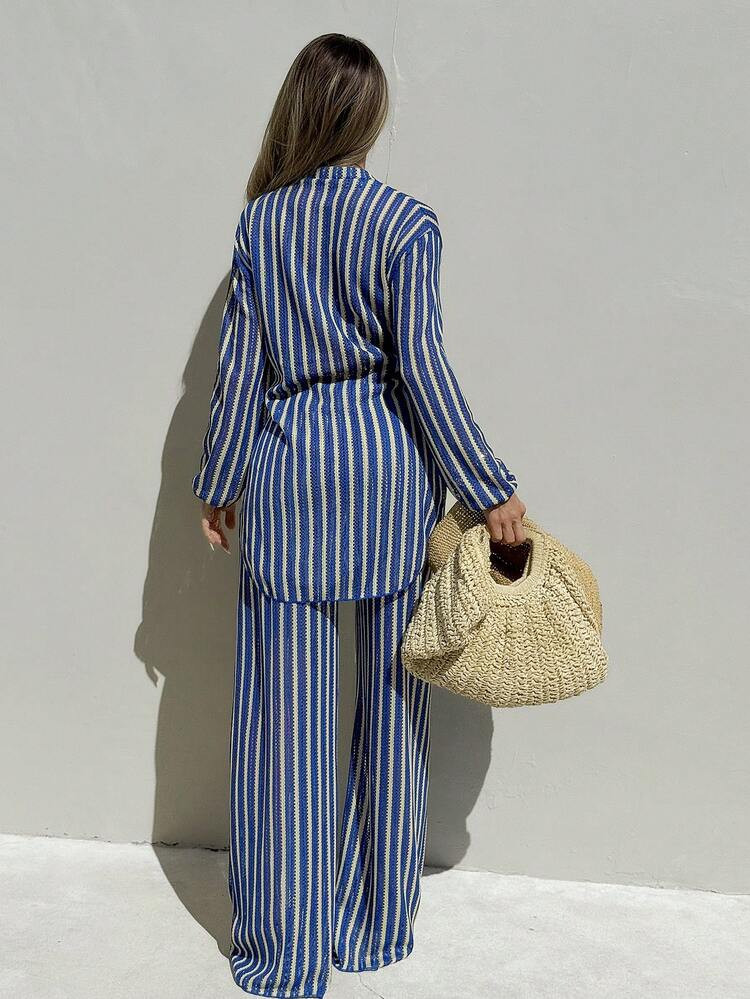 Elavelle Women's Blue & White Striped Jacquard Fabric Open Front Shirt Collar Kimono Cover-Up, Sp... | SHEIN