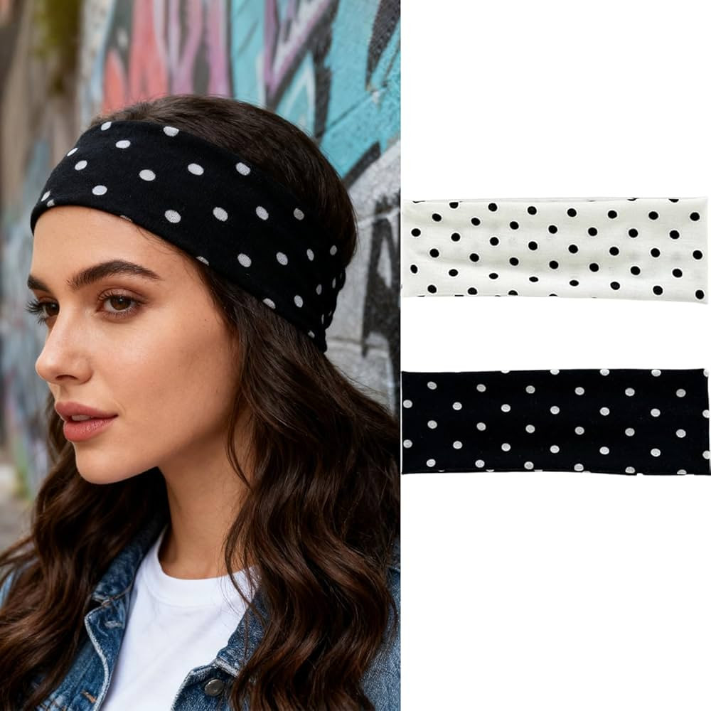 2 Pack Black White Headband Set, Polka Dot Elastic Headbands Cute Hair Accessories Non Slip Fashi... | Amazon (US)