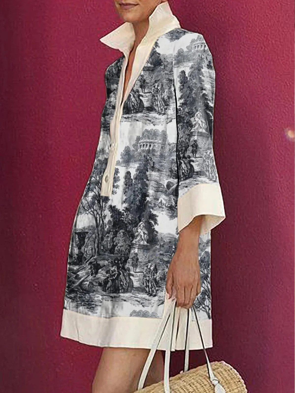 Women Casual Painting Spring/Fall Polyester Micro-Elasticity Loose Shirt Dress | Stylewe