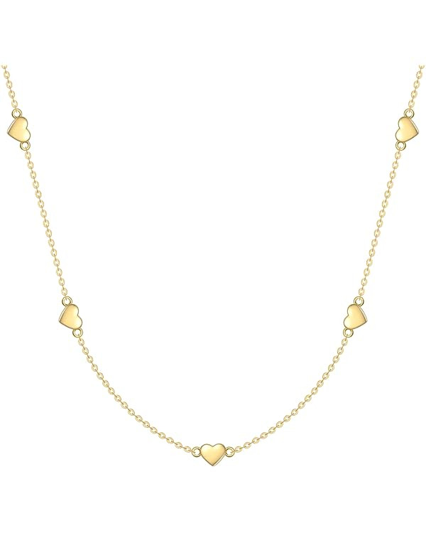 Solid 14K Gold Heart Necklace for Women Heart Station Pendant Necklace Love Heart Jewelry Anniver... | Amazon (US)