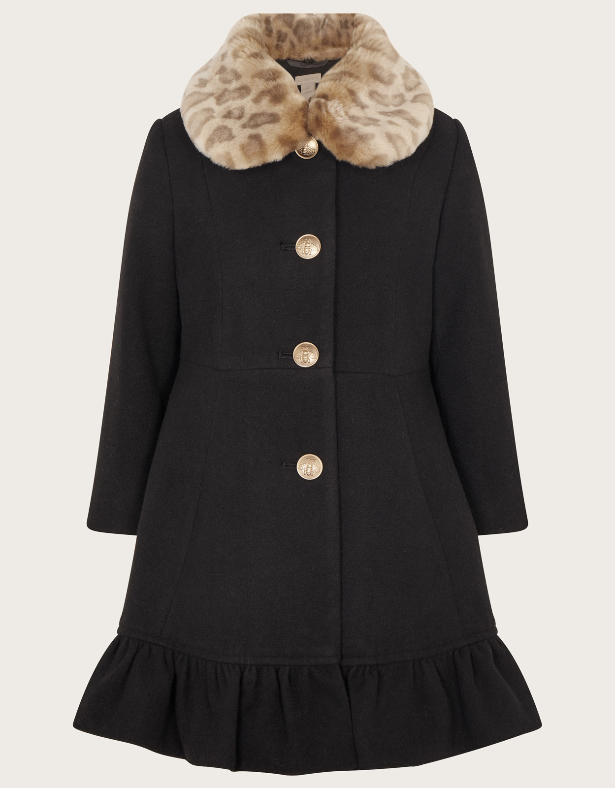 Ruffle Hem Faux Fur Collar Coat Black | Monsoon (UK)