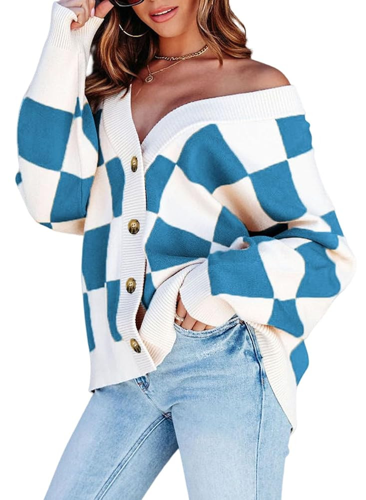 Dokotoo Womens Plaid V Neck Button Down Long Sleeve Cable Knit Oversized Cardigan Sweaters Tops | Amazon (US)