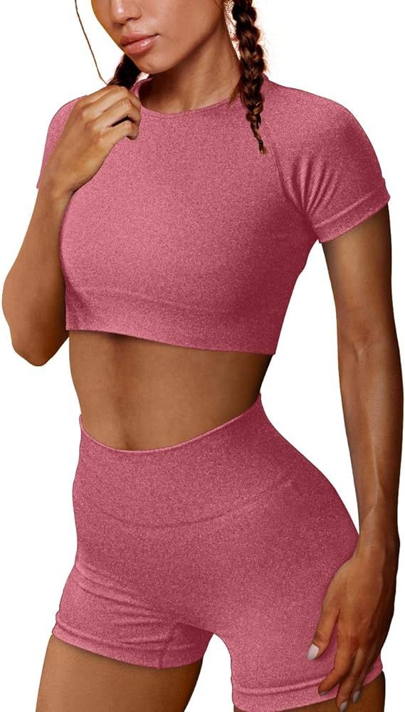 OYS Women's Yoga 2 Piece Outfits Workout Running Crop Top Seamless High Waist Sports Shorts Sets | Amazon (US)