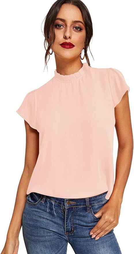 Romwe Women's Elegant Short Sleeve Mock Neck Workwear Blouse Top Shirts | Amazon (US)