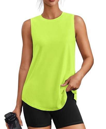 PINSPARK Womens Workout Tank Tops Lightweight Sleeveless Gym Shirts Loose Fit Pilates Tops for Athletic Running Tennis Yoga, Lime Green Small | Amazon (US)