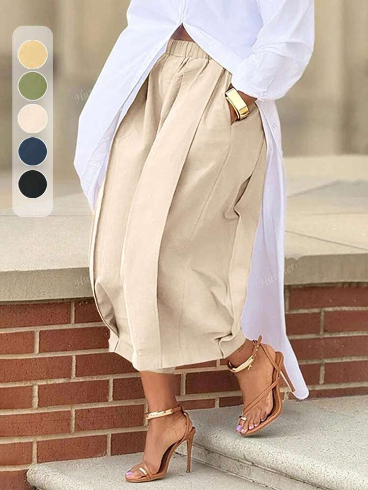 Spring/Summer Plus Size Women 's Trousers Solid Color Casual Wide Leg Capri Pants With Pockets, A... | SHEIN