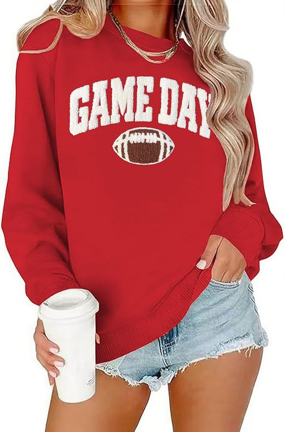 Game Day Football Sweatshirt Women Football Season Chenille Patch Pullover Shirt Long Sleeve Casu... | Amazon (US)