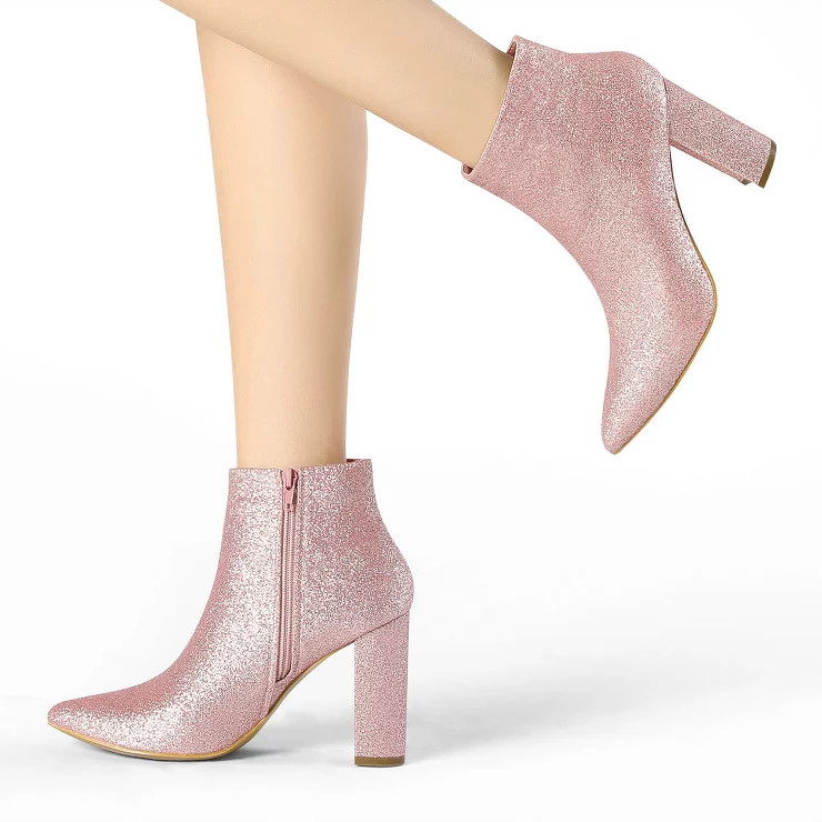 Allegra K Women's Glitter Pointed Toe Chunky Heel Ankle Boots | Target