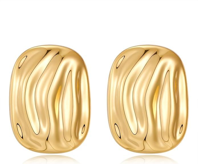 Chunky Gold Earrings Hammered Geometric Stud Earrings Wavy Statement Drop Earrings Trendy Jewelry... | Amazon (US)