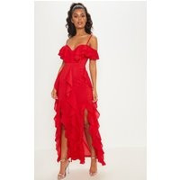 Red Cold Shoulder Ruffle Detail Maxi Dress | PrettyLittleThing US