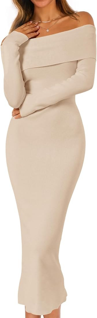 MEROKEETY Women's Winter Off Shoulder Bodycon Sweater Dress Formal Long Sleeve Elegant Cocktail P... | Amazon (US)